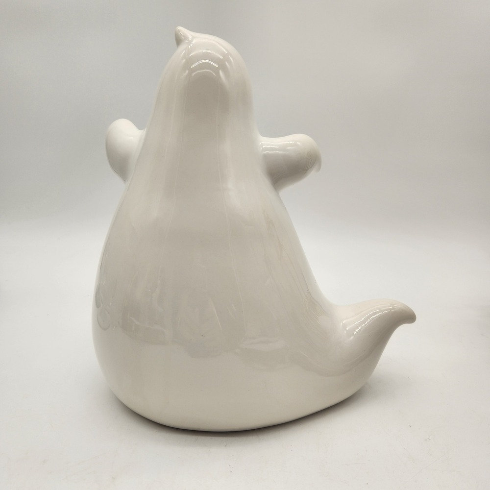 White Ceramic Whimsical Halloween Ghost Figurine Orange "BOO" Purple Bow Decor - Picture 6 of 11